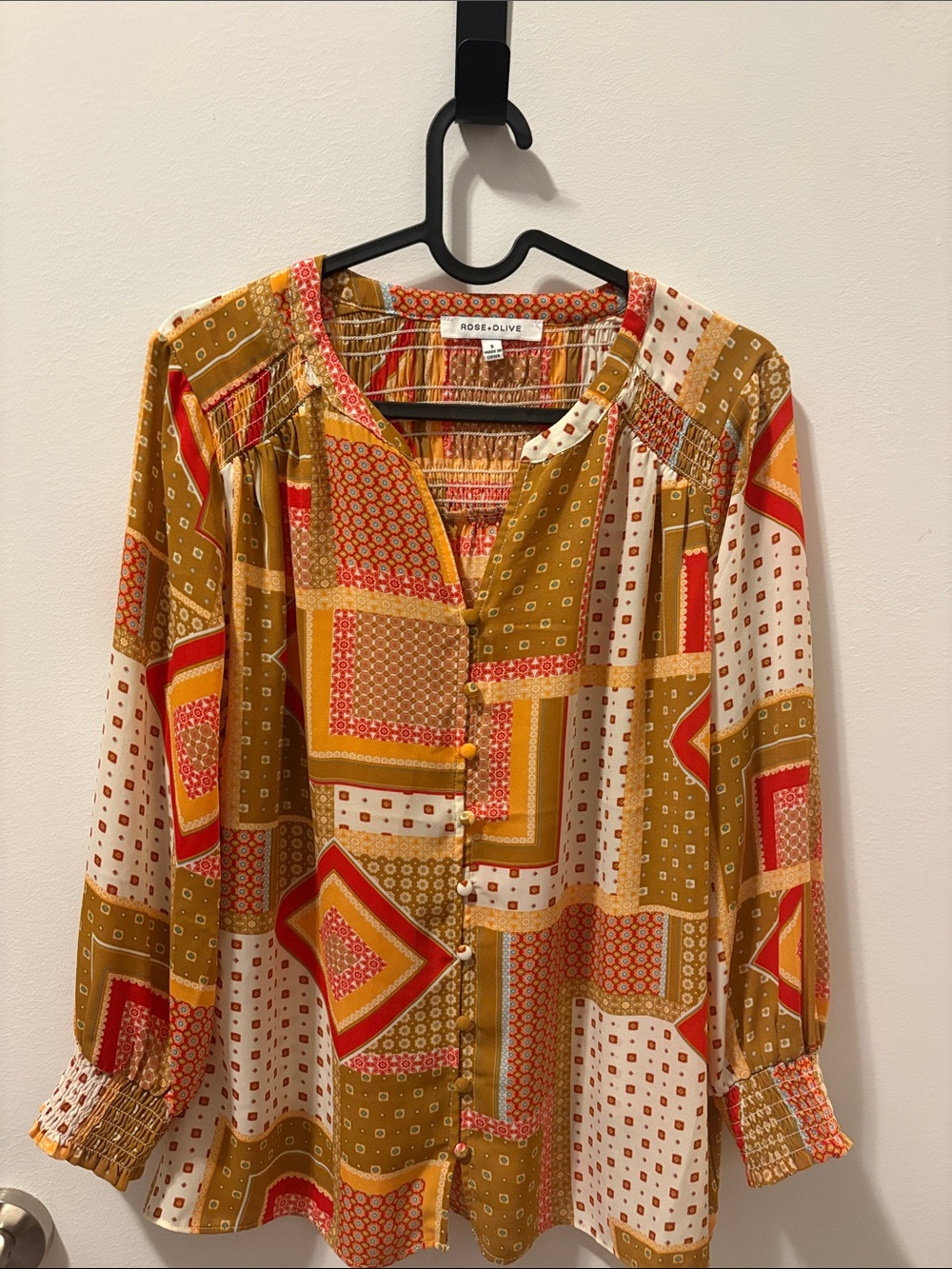 Rose & Olive Mustard and Red Geometric Patchwork Blouse